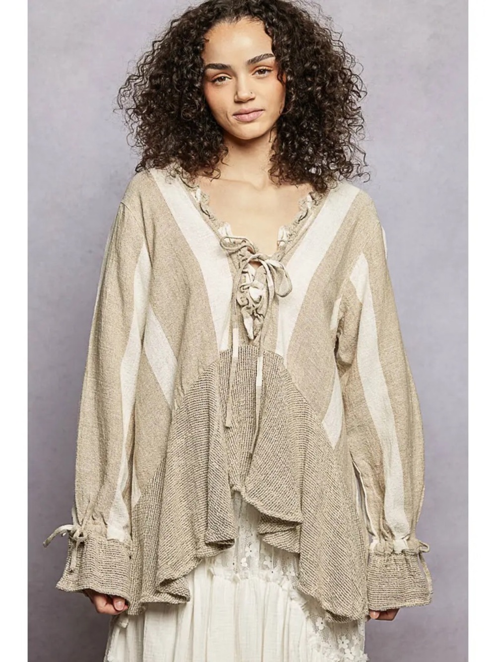 POL Striped Lace-Up Peasant Tunic in Beige and Cream